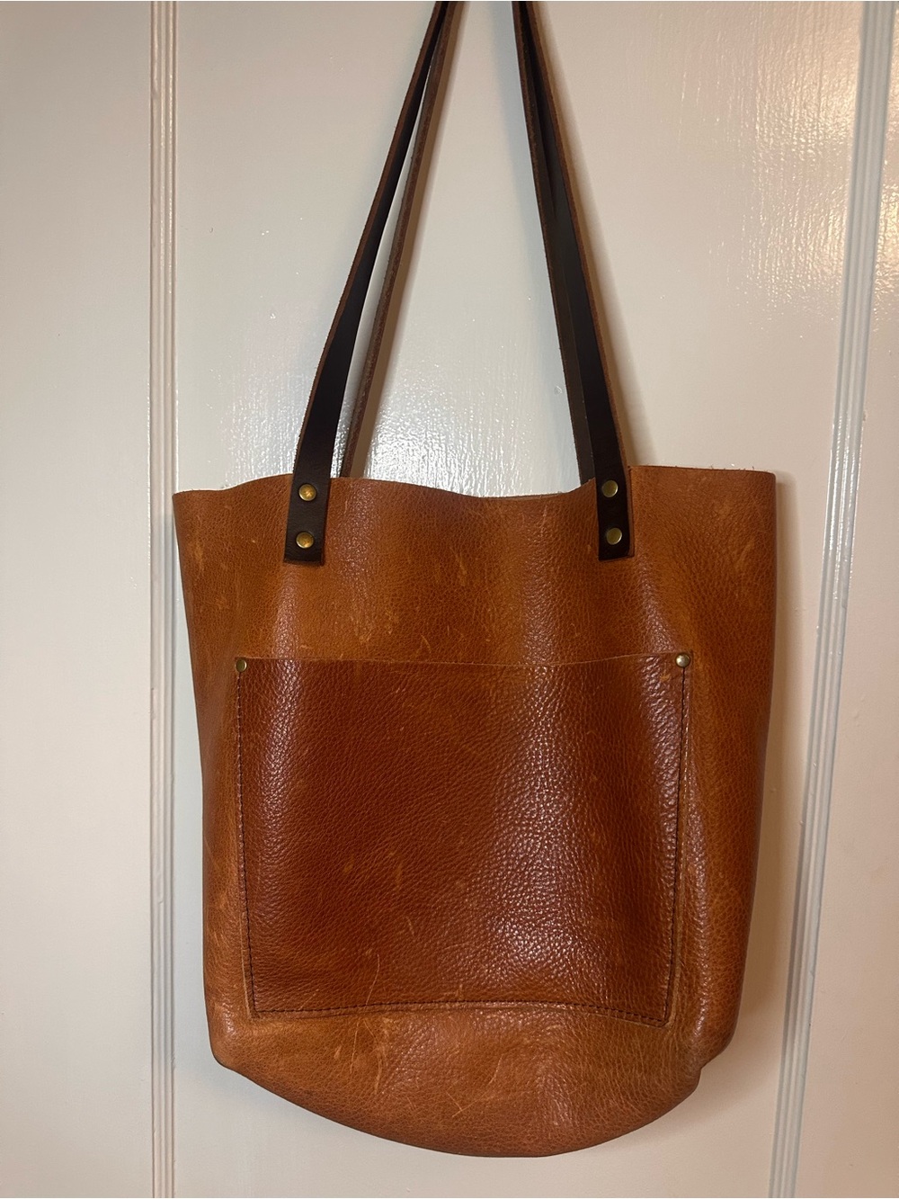 Portland Leather Company Classic Brown Leather Tote Bag with Dark Straps